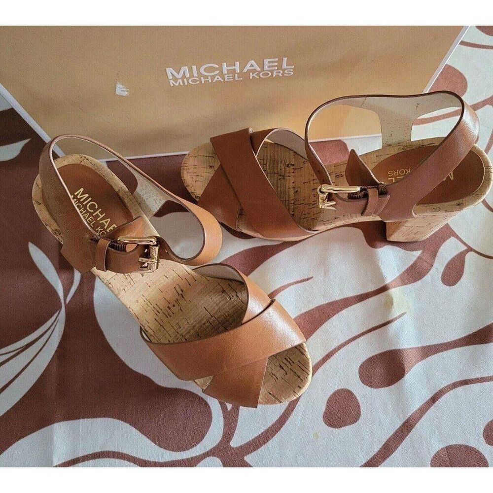 Micheal Micheal Kors Natalia Walnut Leather Cork Platform Sandals  7.5 - Picture 10 of 11